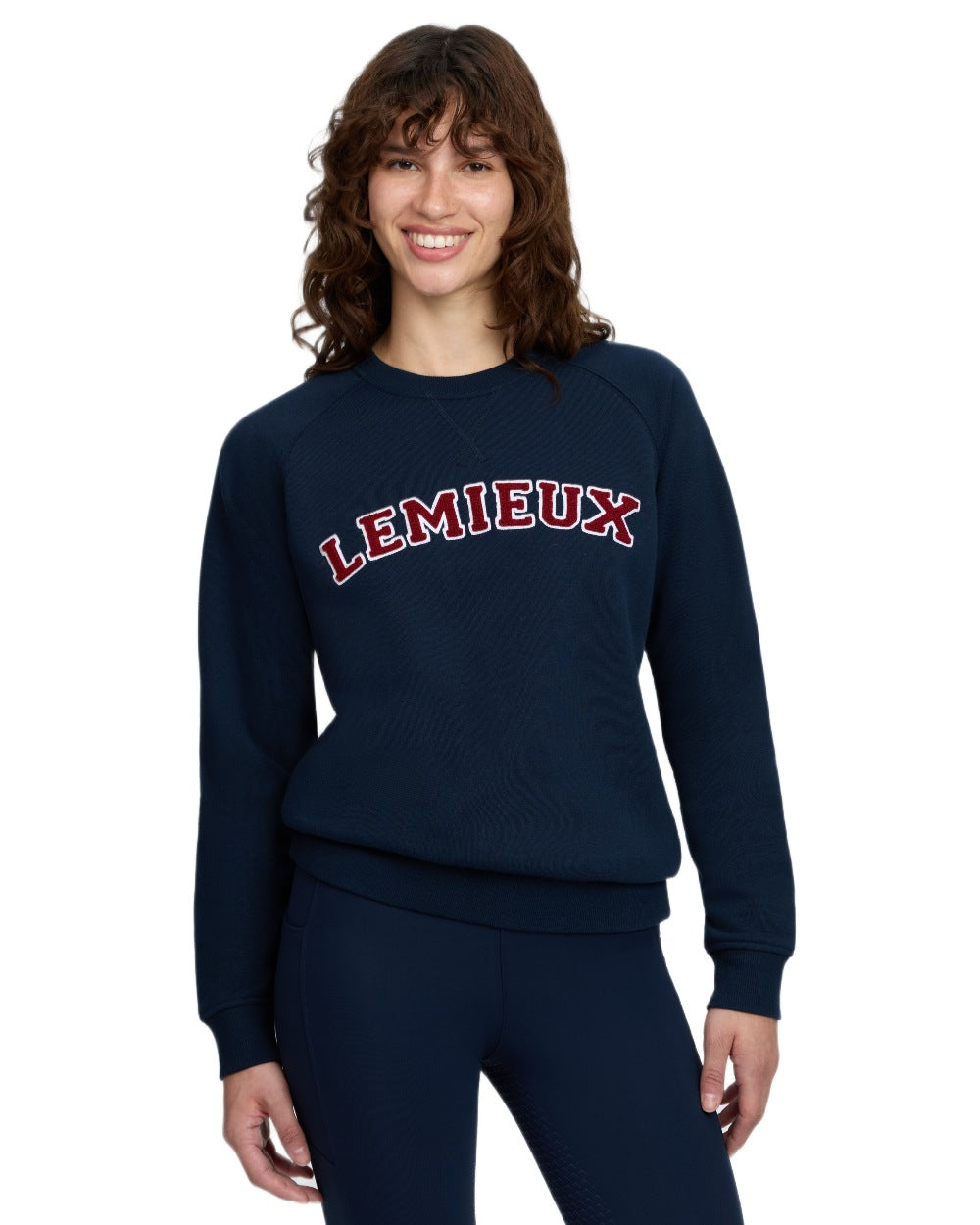 Navy coloured LeMieux Womens Vida Varsity Crew Neck Sweatshirt on white background 