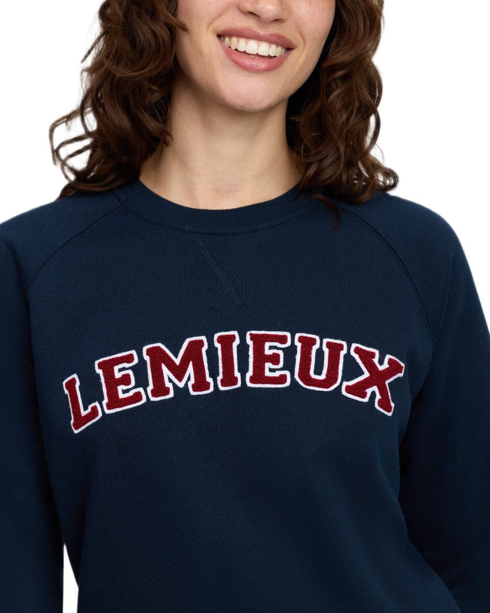 Navy coloured LeMieux Womens Vida Varsity Crew Neck Sweatshirt on white background 