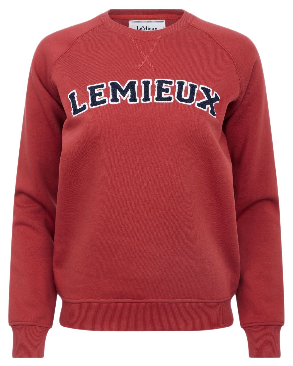 Russet coloured LeMieux Womens Vida Varsity Crew Neck Sweatshirt on white background 