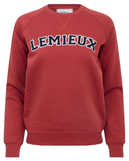 Russet coloured LeMieux Womens Vida Varsity Crew Neck Sweatshirt on white background 