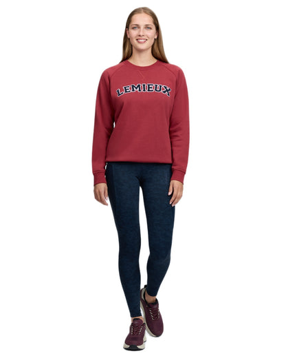 Russet coloured LeMieux Womens Vida Varsity Crew Neck Sweatshirt on white background 