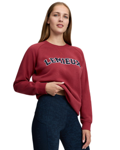 Russet coloured LeMieux Womens Vida Varsity Crew Neck Sweatshirt on white background 