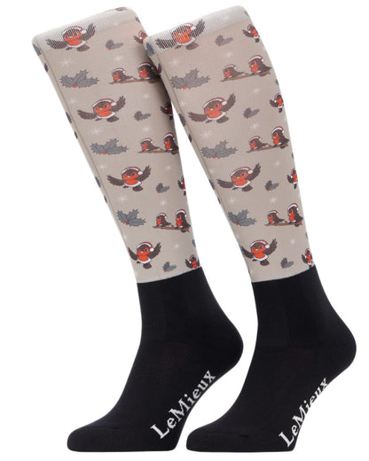 Almond coloured LeMieux Xmas Robins Footsie Socks on white background 
