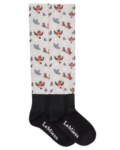 Almond coloured LeMieux Xmas Robins Footsie Socks on white background 