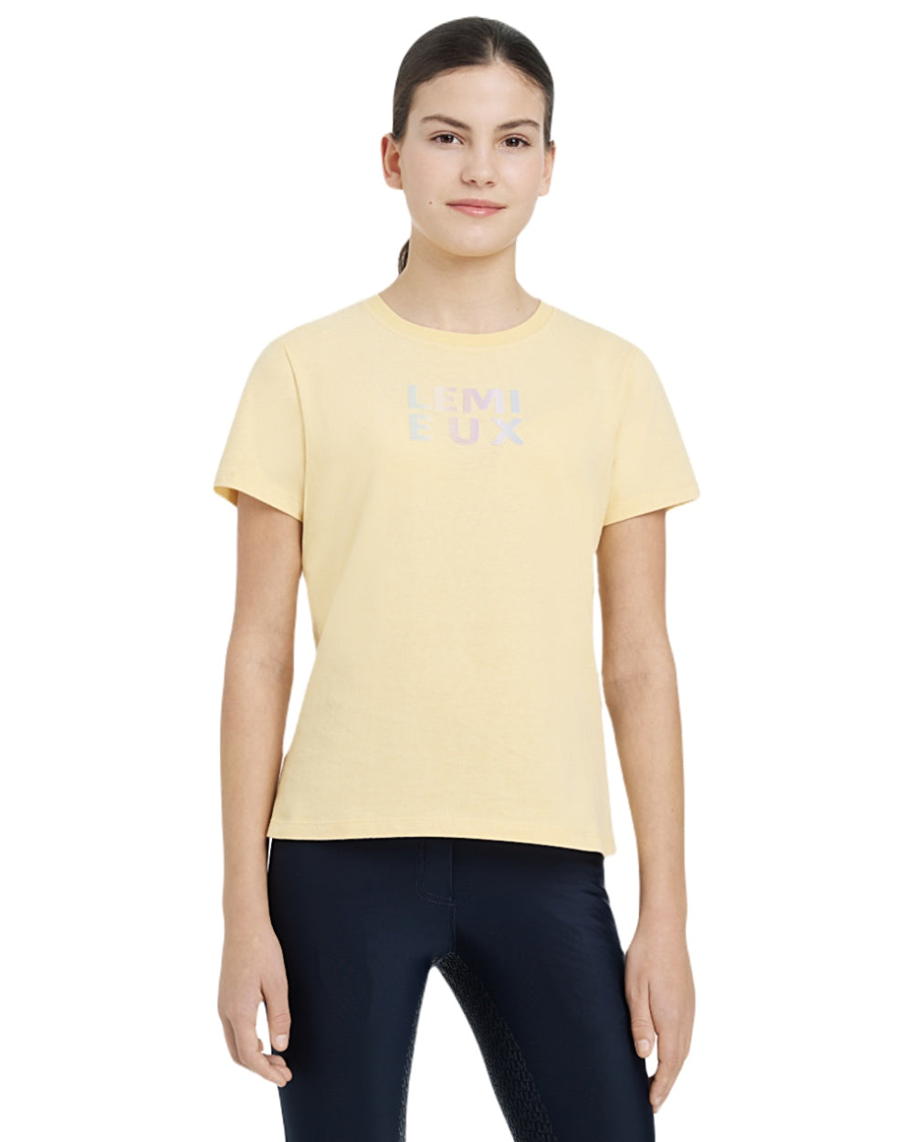 Mimosa coloured LeMieux Young Rider Arianna T-Shirt on white background 