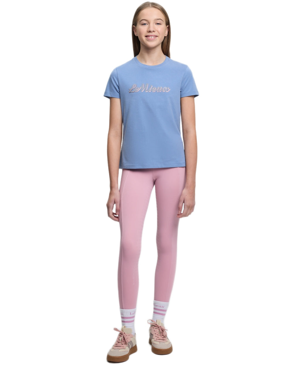 Powder Blue coloured LeMieux Young Rider Arianna Short Sleeve T-Shirt on white background 