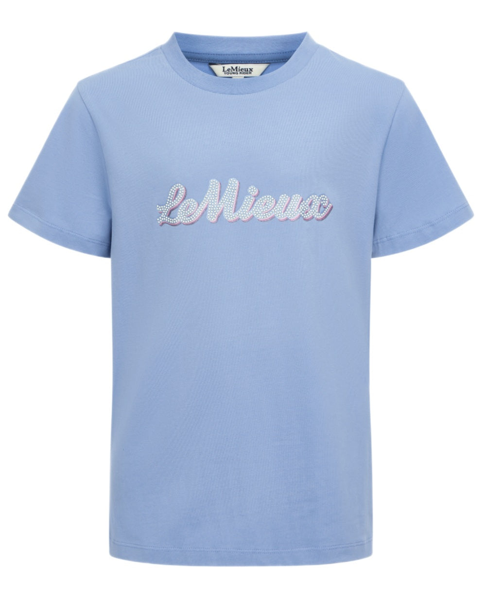 Powder Blue coloured LeMieux Young Rider Arianna Short Sleeve T-Shirt on white background 