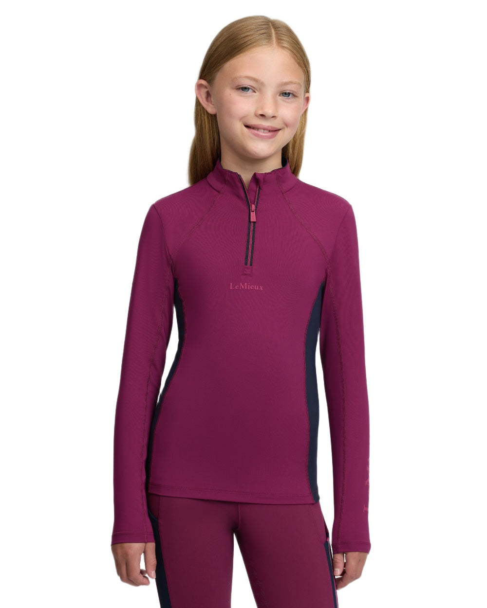 Blackberry coloured LeMieux Young Rider Classique Base Layer on white background 