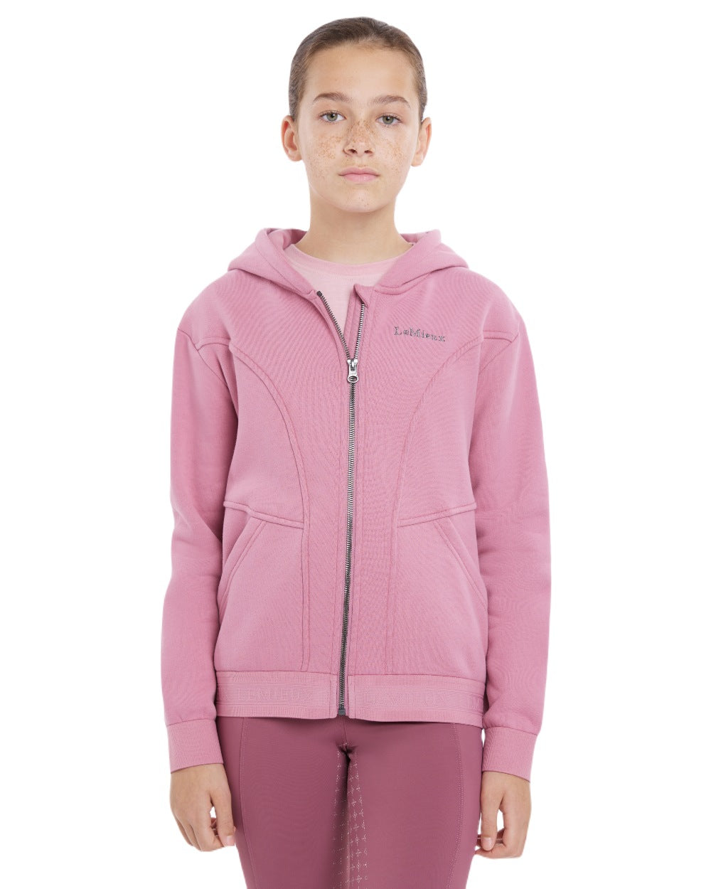 Peony coloured LeMieux Young Rider Hadley Hoodie on white background 