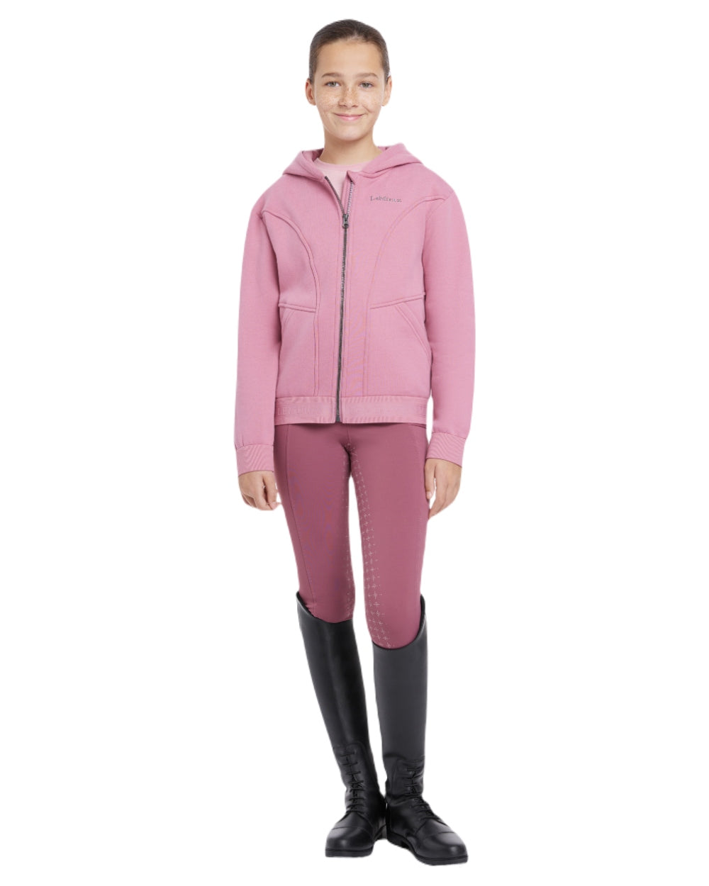 Peony coloured LeMieux Young Rider Hadley Hoodie on white background 