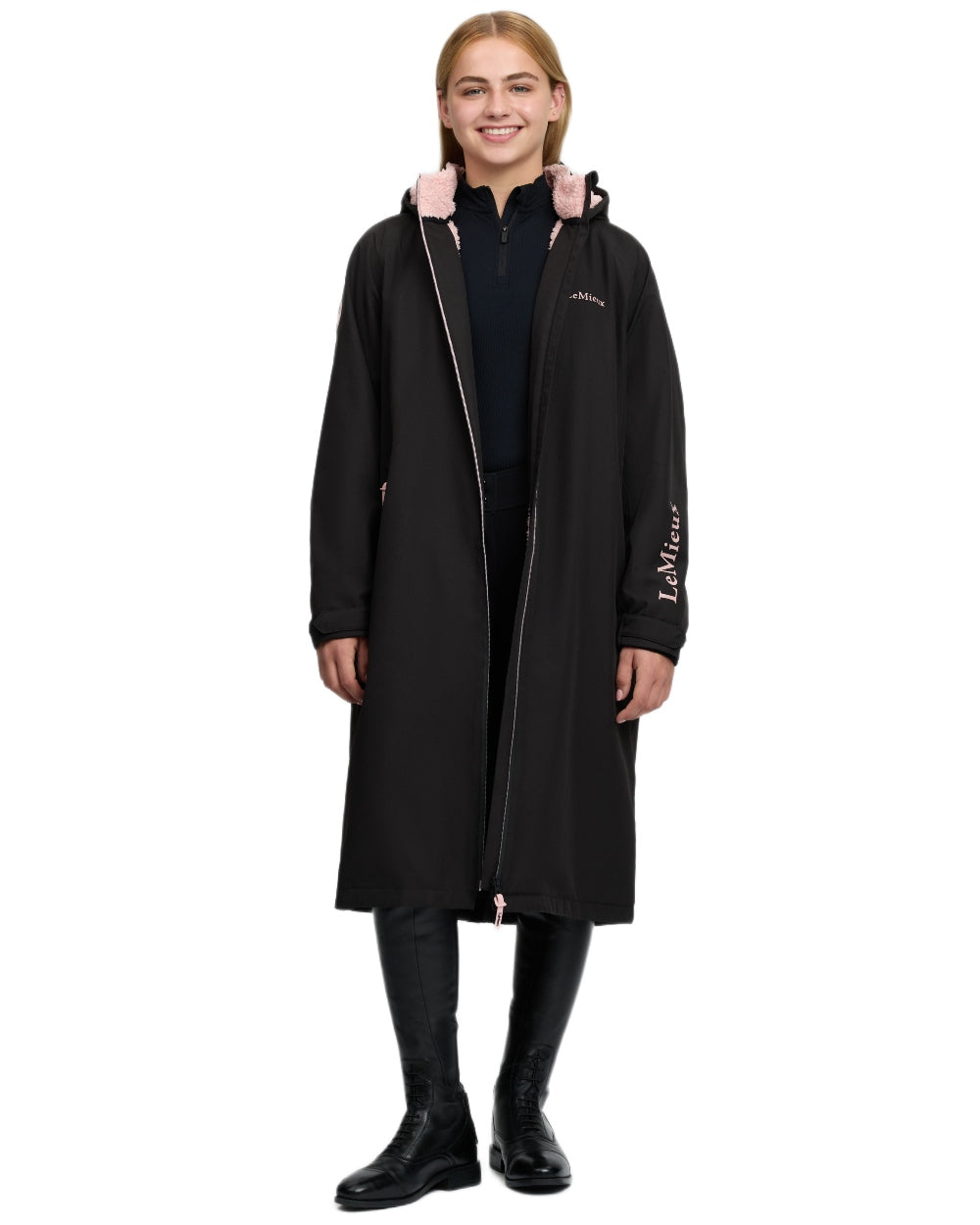 Black coloured LeMieux Young Rider HydroShield Robe Long Coat on white background 