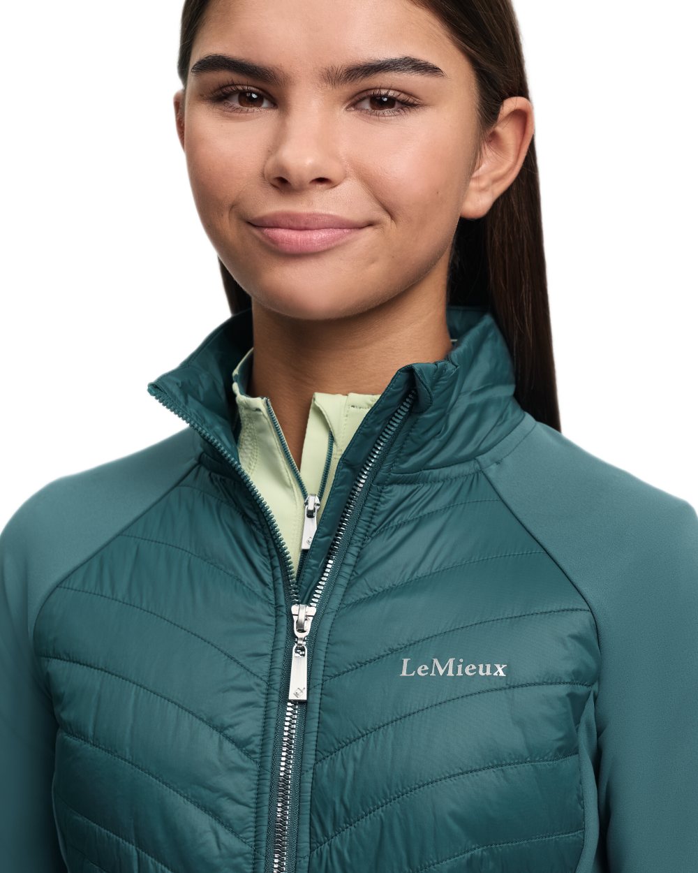 Jungle coloured LeMieux Young Rider Josephine Jacket on white background 