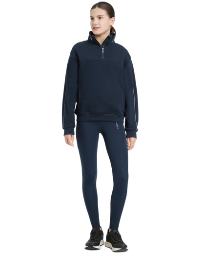 Navy coloured LeMieux Young Rider Kate Quarter Zip Sweater on white background 