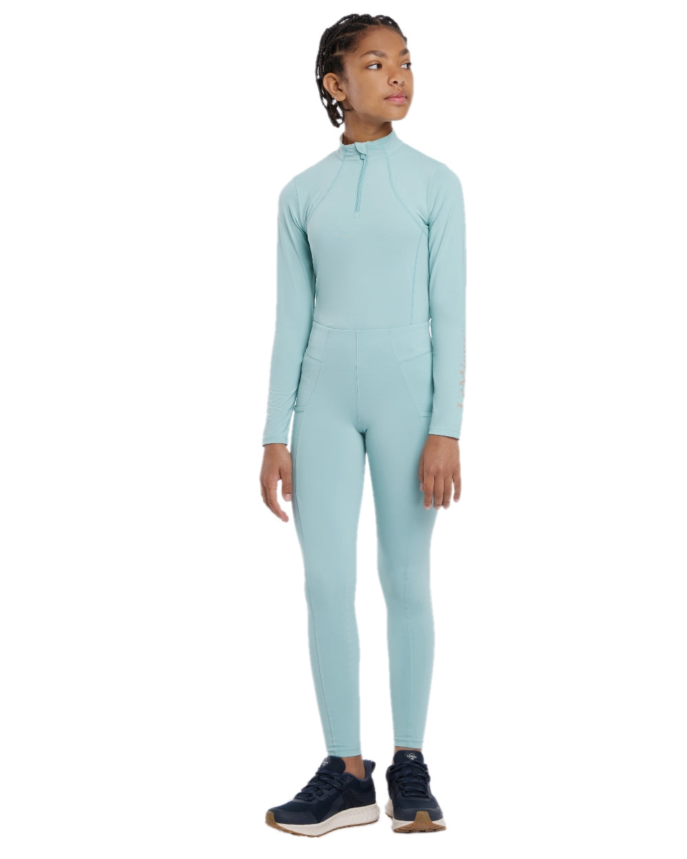 Aqua coloured LeMieux Young Rider Orla Pull Ons on white background 