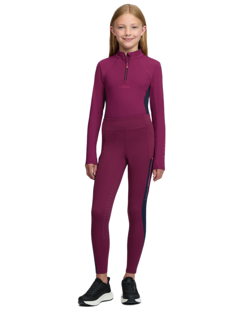 Blackberry coloured LeMieux Young Rider Orla Pull Ons on white background 