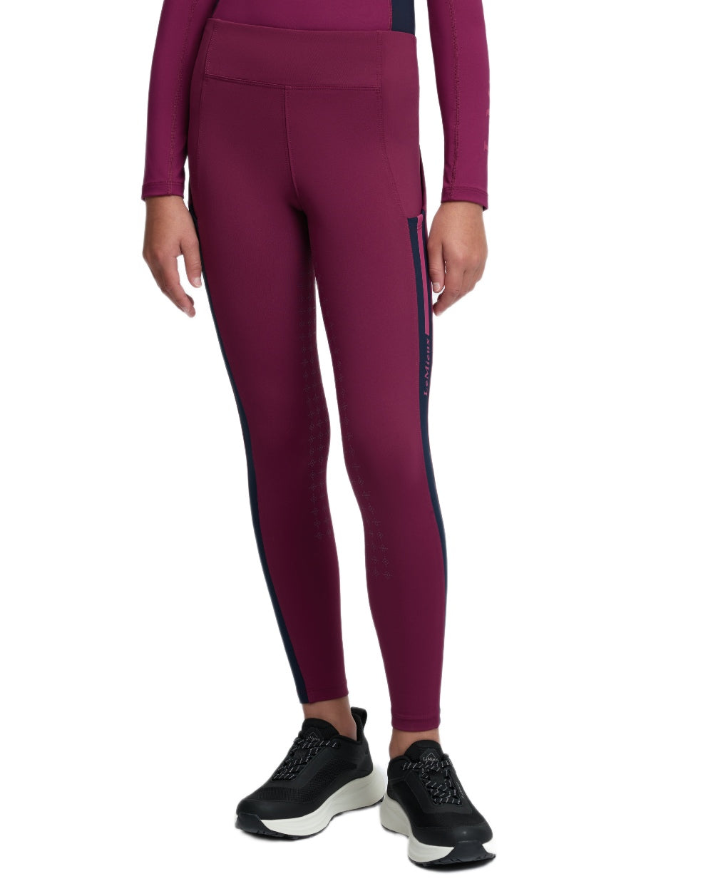 Blackberry coloured LeMieux Young Rider Orla Pull Ons on white background 