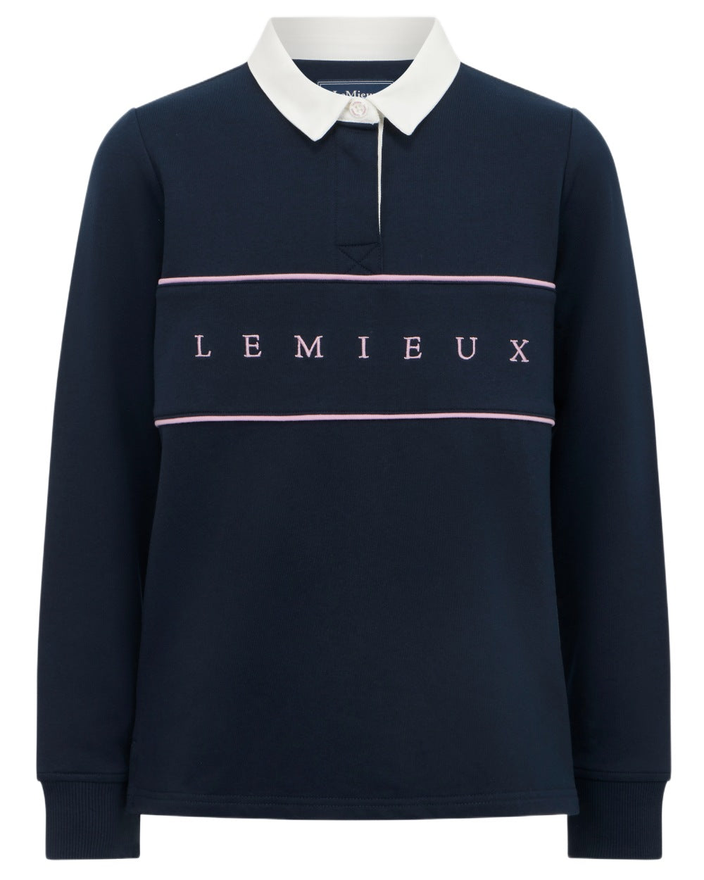 Navy coloured LeMieux Young Rider Riley Rugby Shirt on white background 