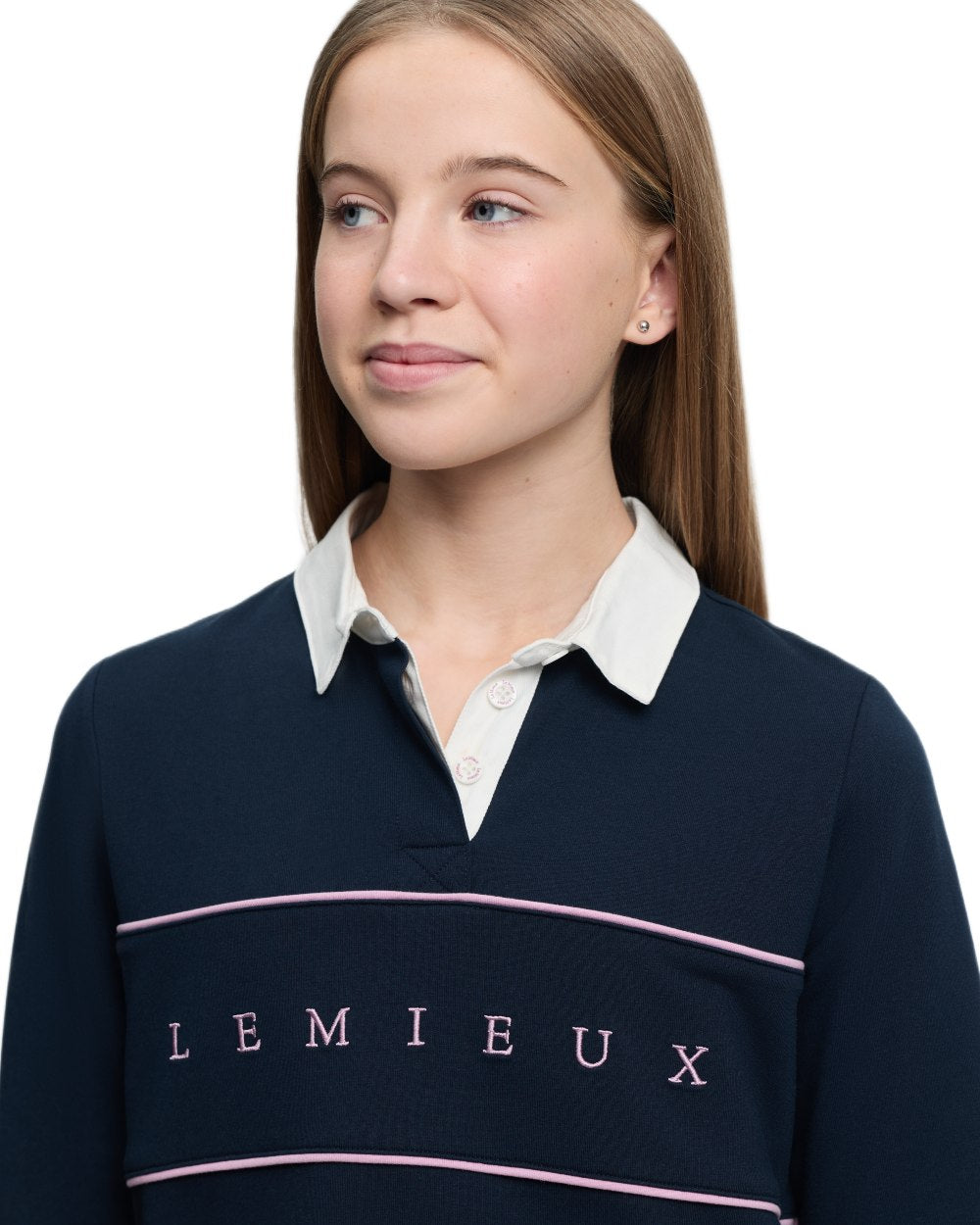 Navy coloured LeMieux Young Rider Riley Rugby Shirt on white background 