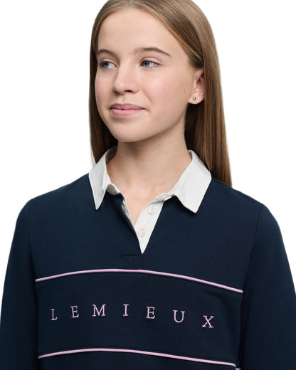 Navy coloured LeMieux Young Rider Riley Rugby Shirt on white background 