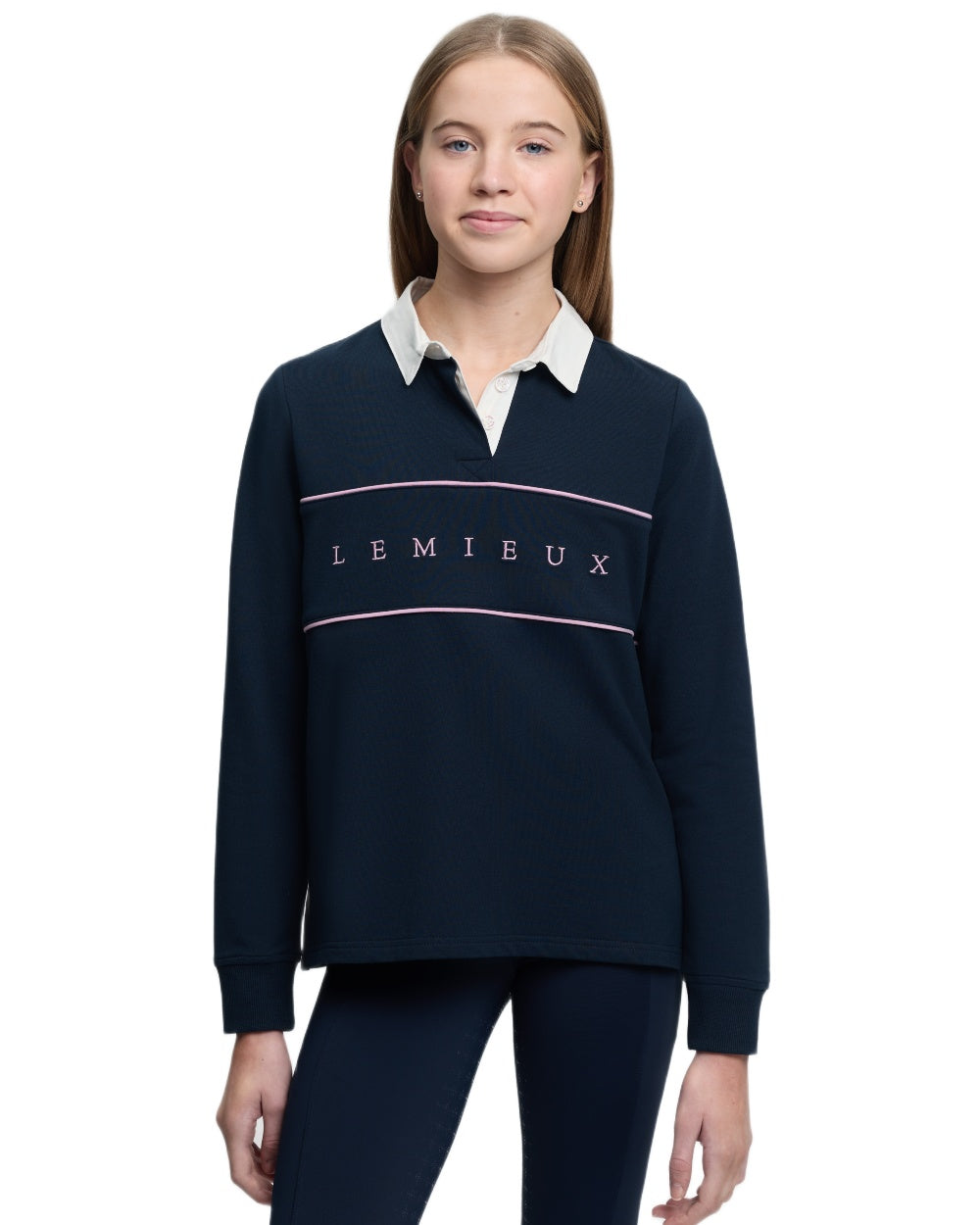 Navy coloured LeMieux Young Rider Riley Rugby Shirt on white background 