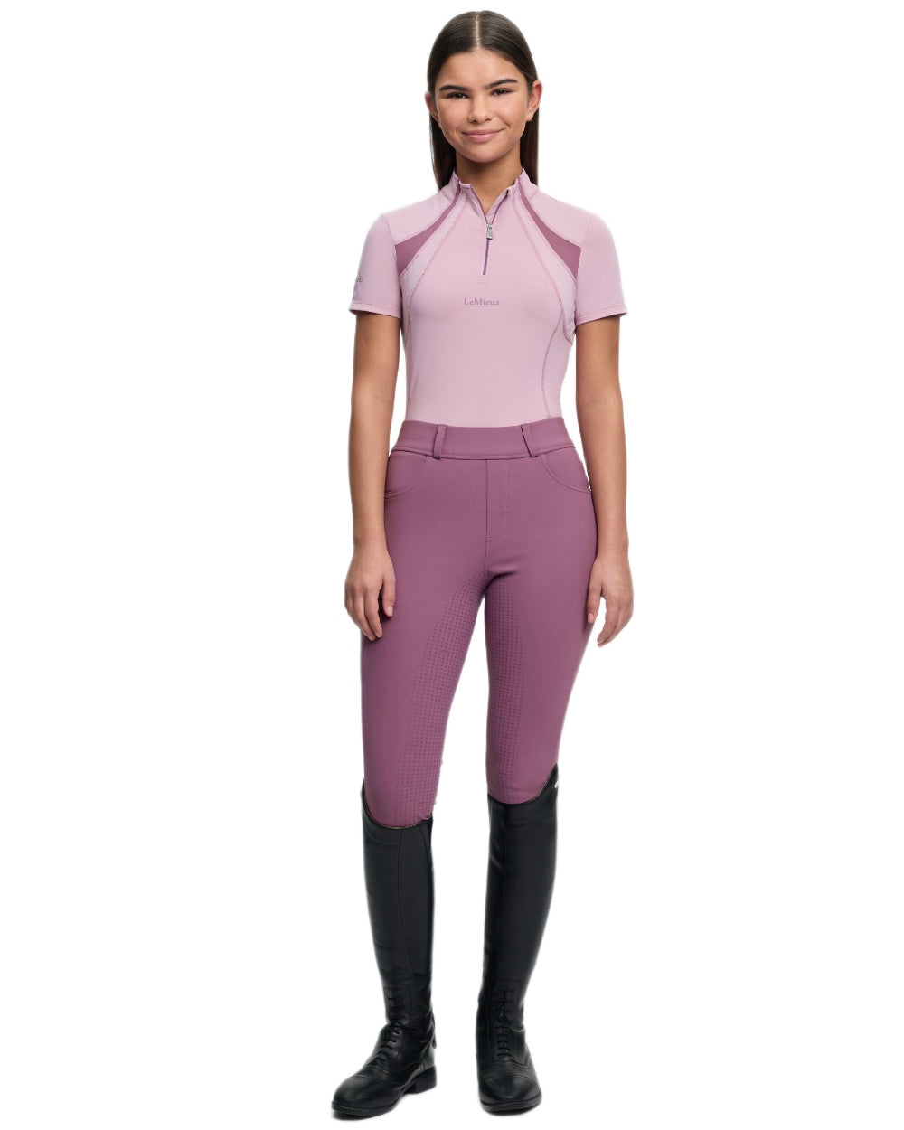 Fondant coloured LeMieux Young Rider Short Sleeve Mia Mesh Base Layer on white background 