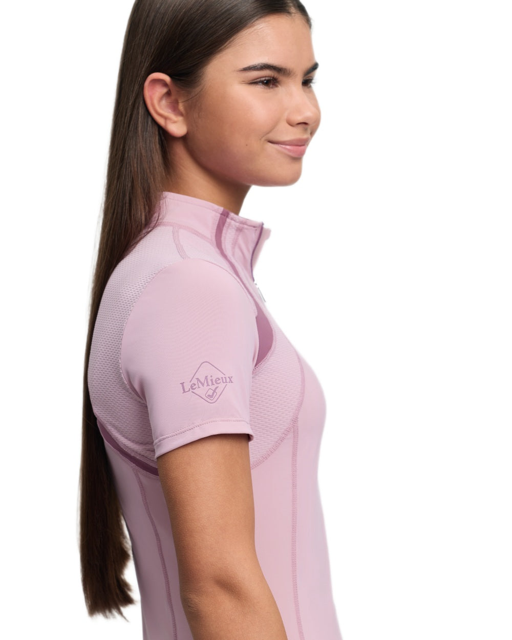 Fondant coloured LeMieux Young Rider Short Sleeve Mia Mesh Base Layer on white background 