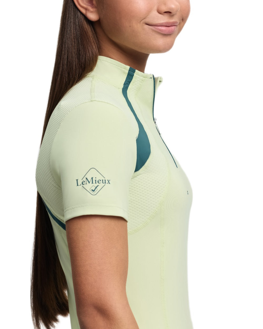 Macaron coloured LeMieux Young Rider Short Sleeve Mia Mesh Base Layer on white background 