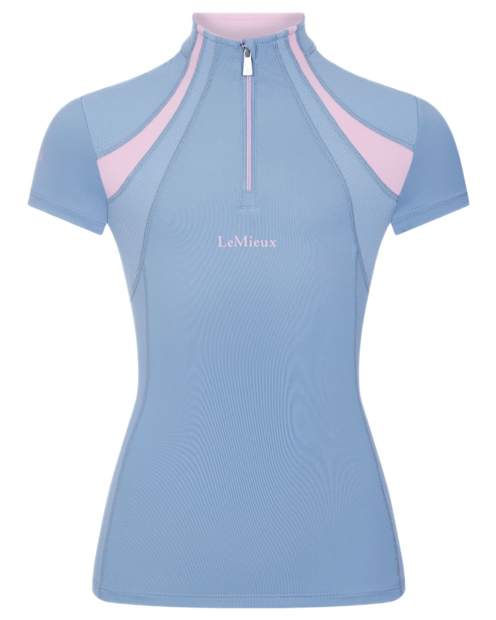 Powder Blue coloured LeMieux Young Rider Short Sleeve Mia Mesh Base Layer on white background 