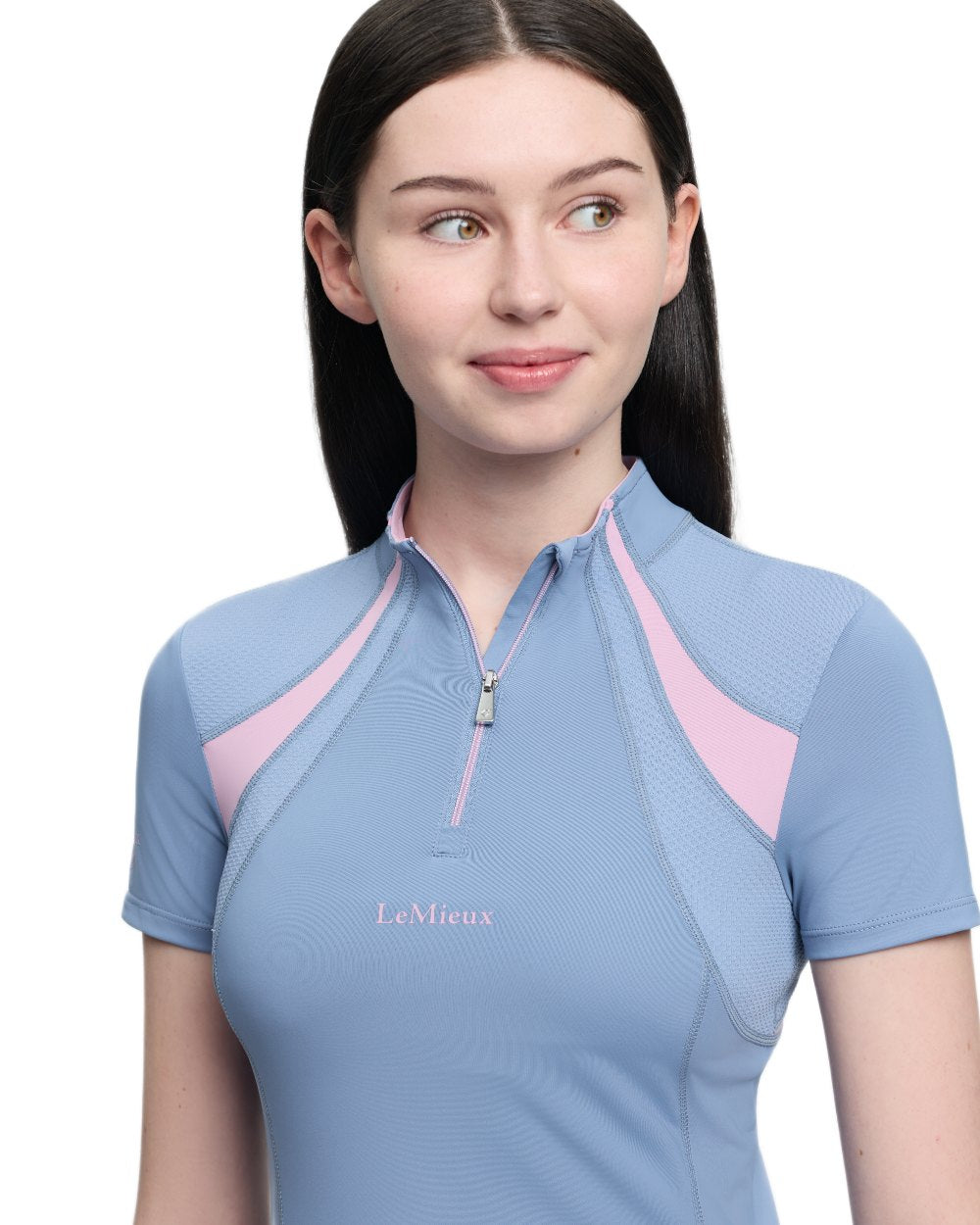 Powder Blue coloured LeMieux Young Rider Short Sleeve Mia Mesh Base Layer on white background 