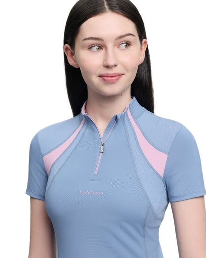 Powder Blue coloured LeMieux Young Rider Short Sleeve Mia Mesh Base Layer on white background 