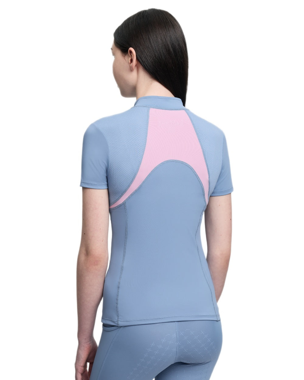 Powder Blue coloured LeMieux Young Rider Short Sleeve Mia Mesh Base Layer on white background 