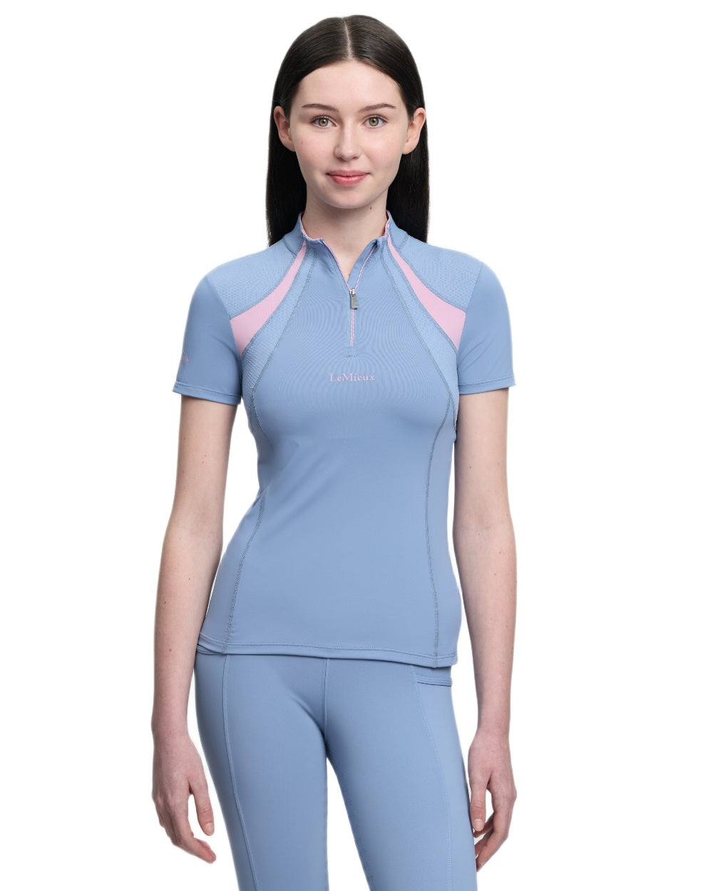 Powder Blue coloured LeMieux Young Rider Short Sleeve Mia Mesh Base Layer on white background 