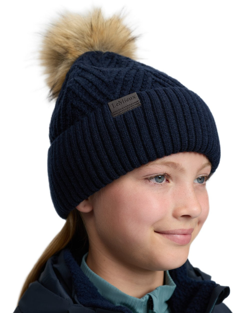 Navy coloured LeMieux Clara Knit Beanie on white background 