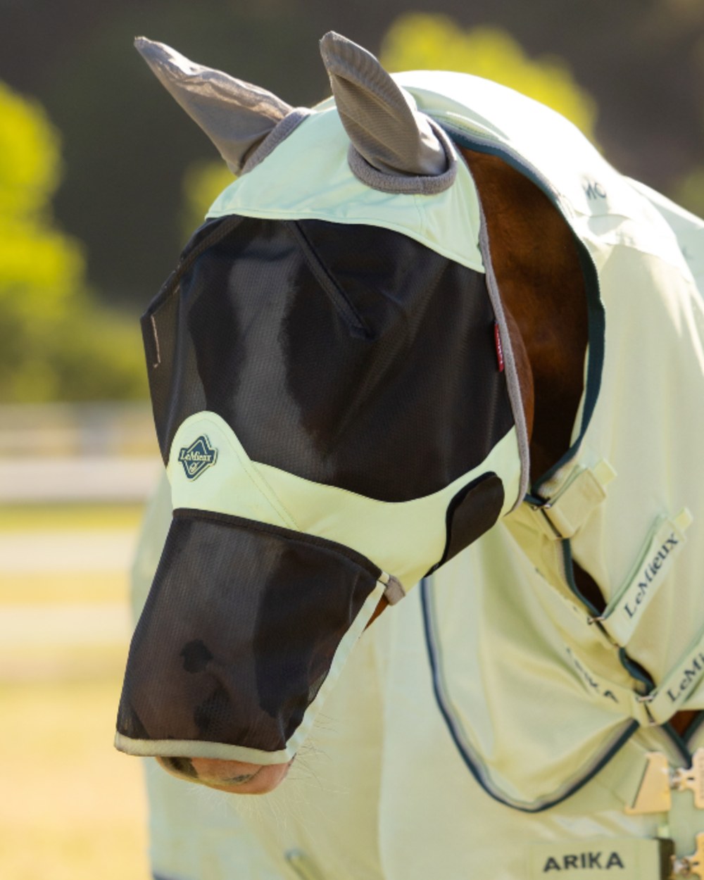 Macaron coloured LeMieux Visor Tek Full Fly Mask on outdoor background 