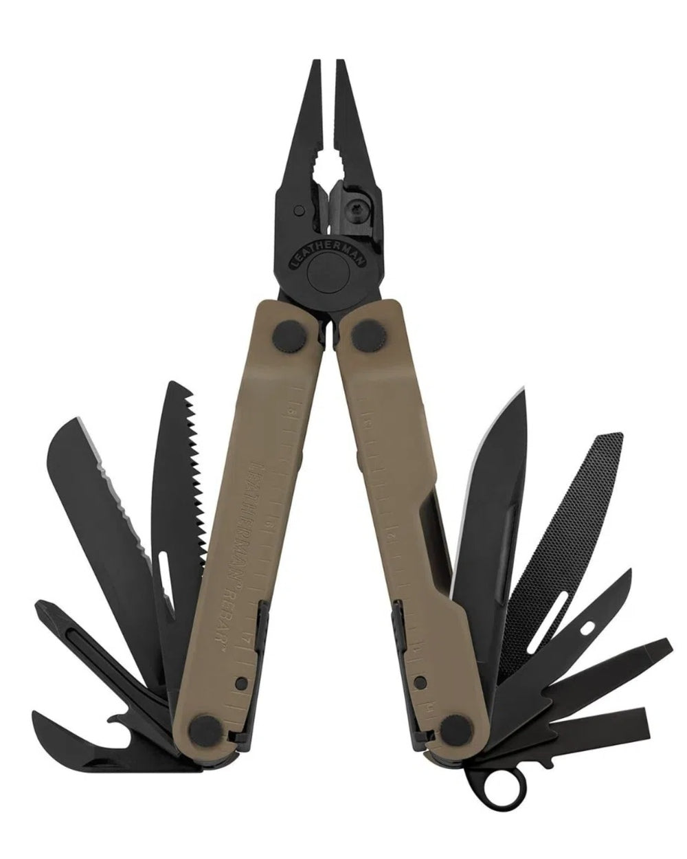 Coyote coloured Leatherman Rebar Multi-Tool on white background 