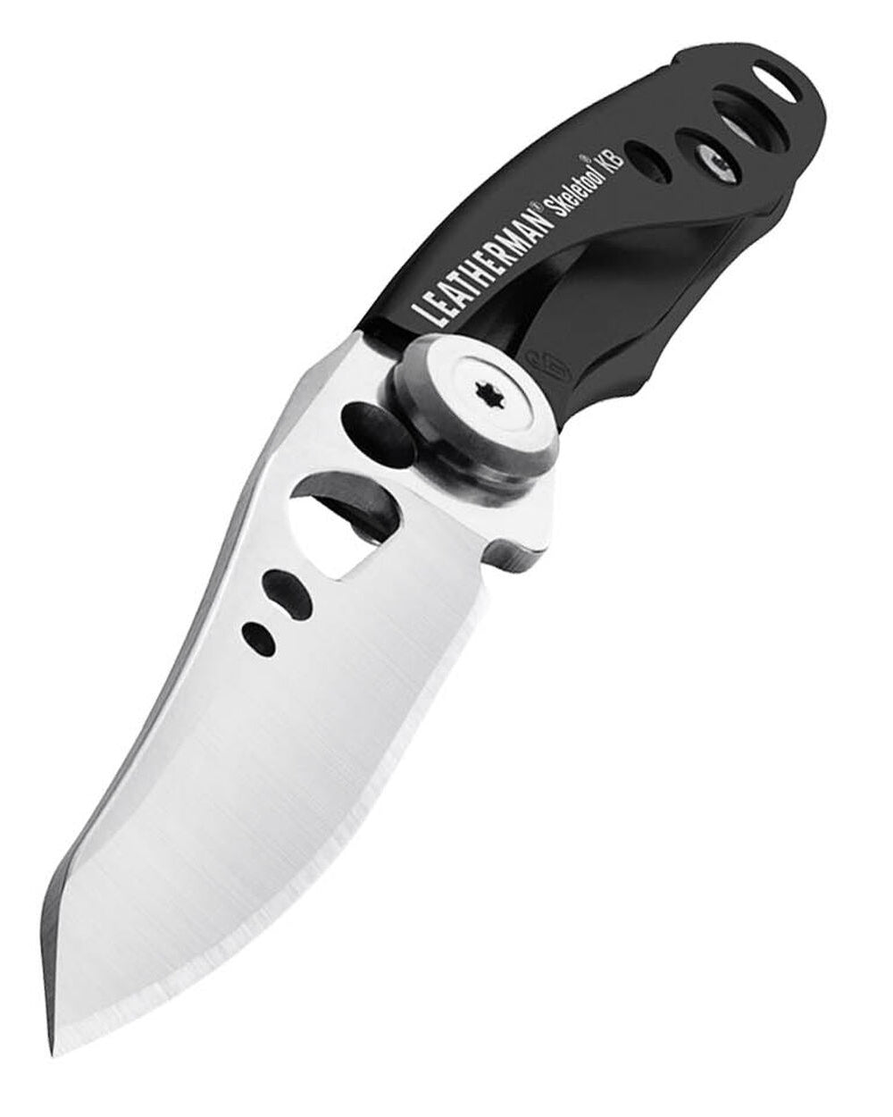 Black Stainless coloured Leatherman Skeletool KB Knife on white background 