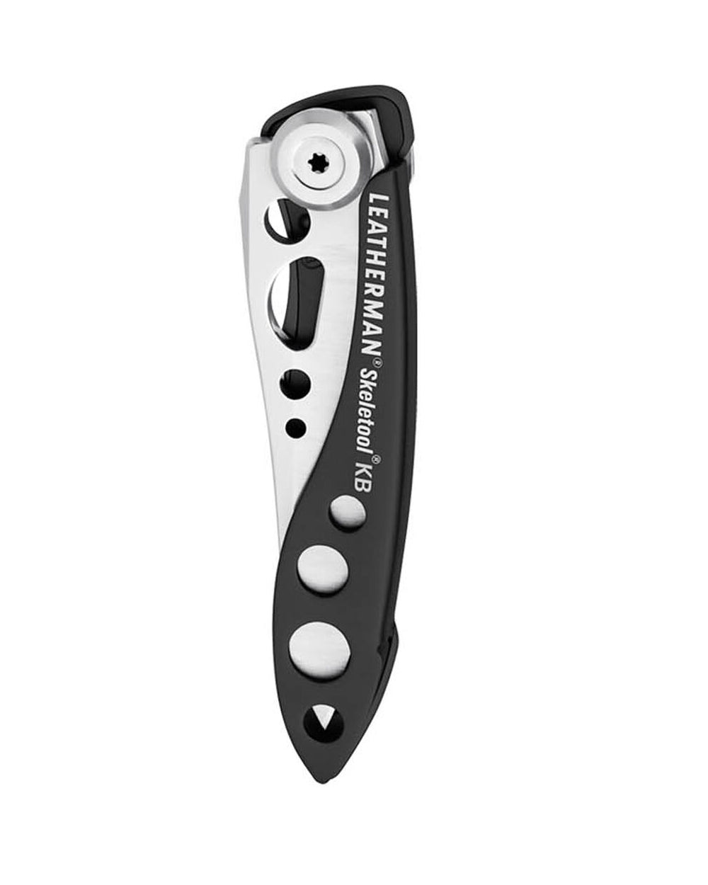 Black Stainless coloured Leatherman Skeletool KB Knife on white background 