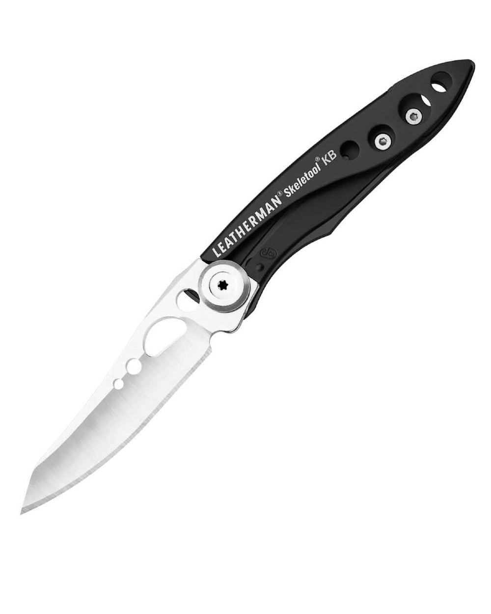 Black Stainless coloured Leatherman Skeletool KB Knife on white background 