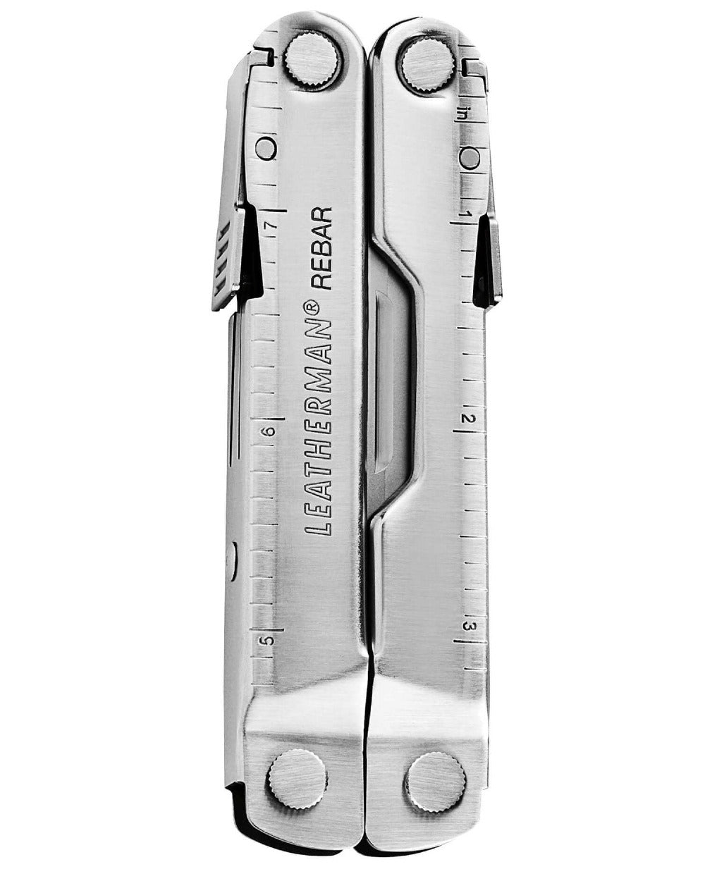 Stainless Steel coloured Leatherman Rebar Multi-Tool W/ Sheath on white background