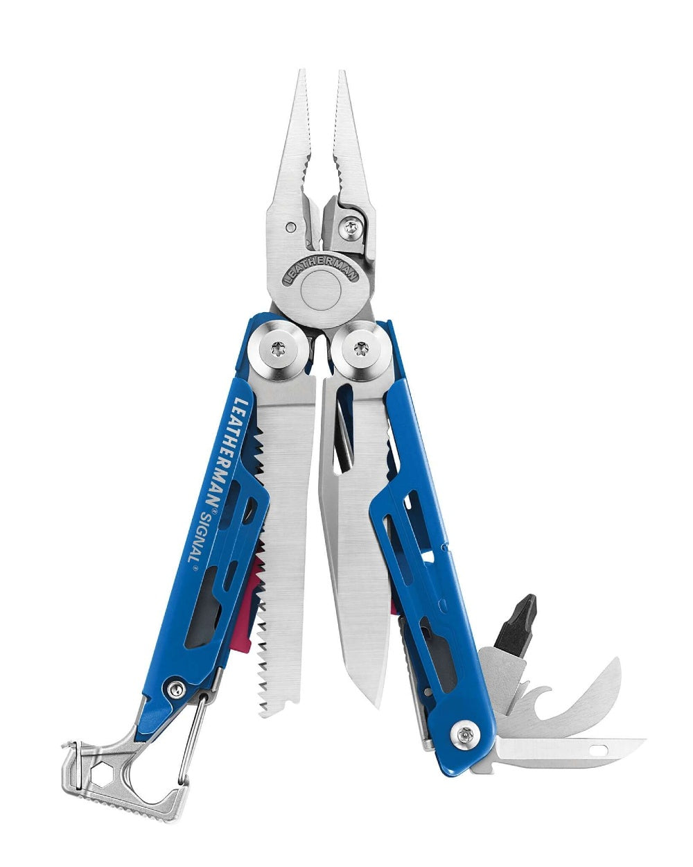 Cobalt Coloured Leatherman Signal+ Multi-Tool W/ Nylon Sheath On A White Background 