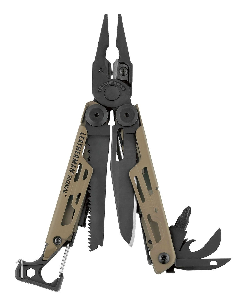 Coyote/Black Coloured Leatherman Signal+ Multi-Tool W/ Nylon Sheath On A White Background 