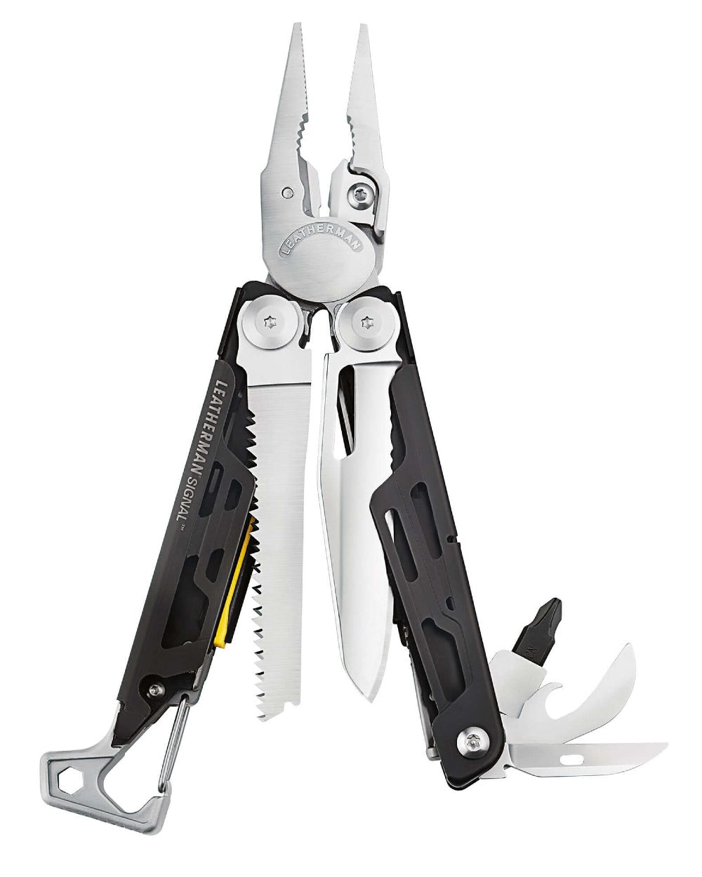 Stainless Steel Coloured Leatherman Signal+ Multi-Tool W/ Nylon Sheath On A White Background 