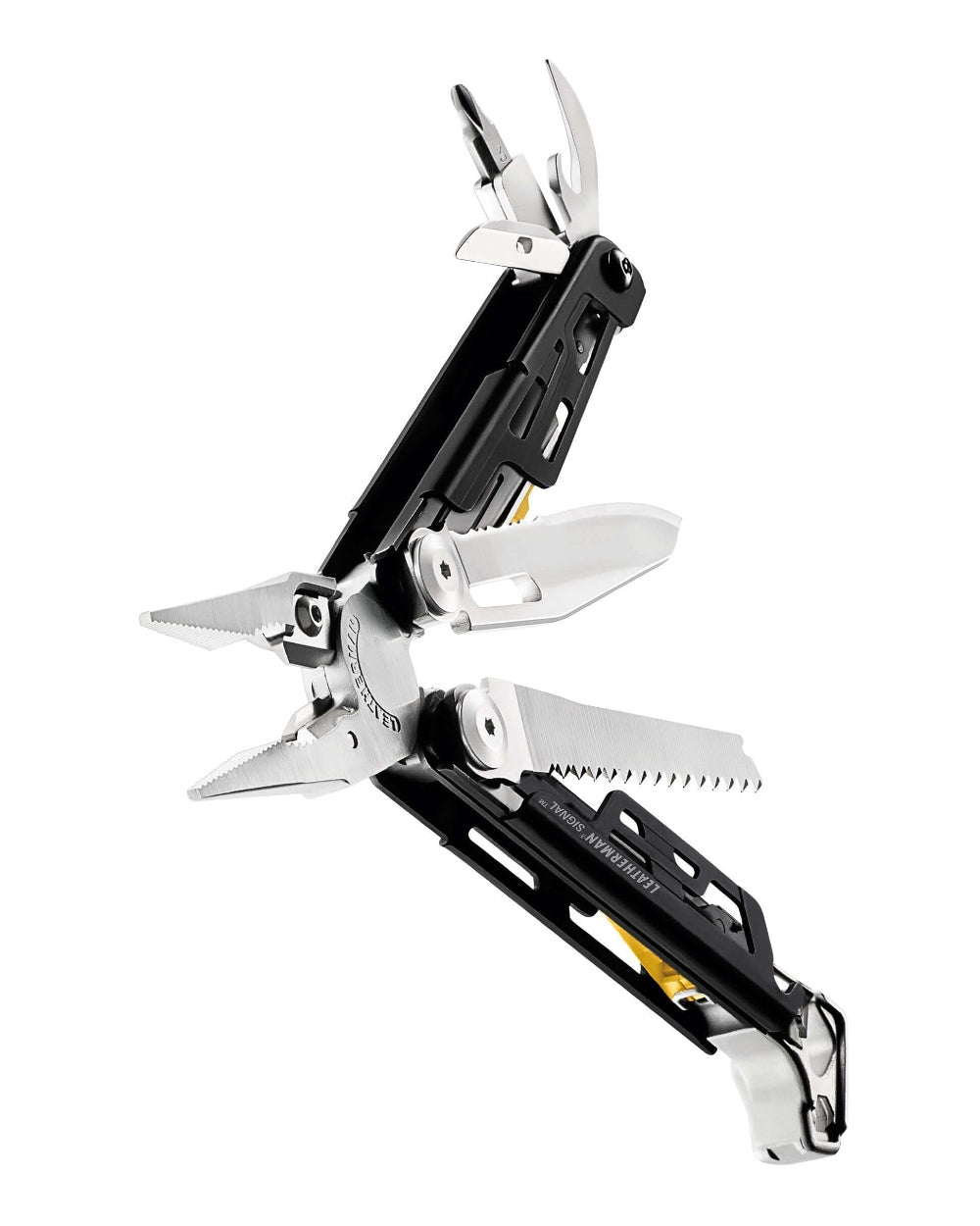 Stainless Steel Coloured Leatherman Signal+ Multi-Tool W/ Nylon Sheath On A White Background 