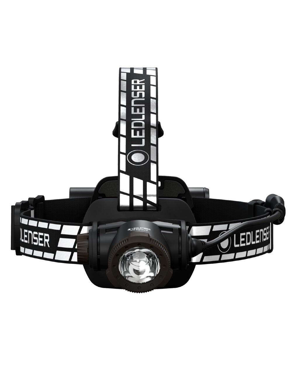 Black Coloured Led Lenser H7R Signature Rechargeable Head Torch on white background 