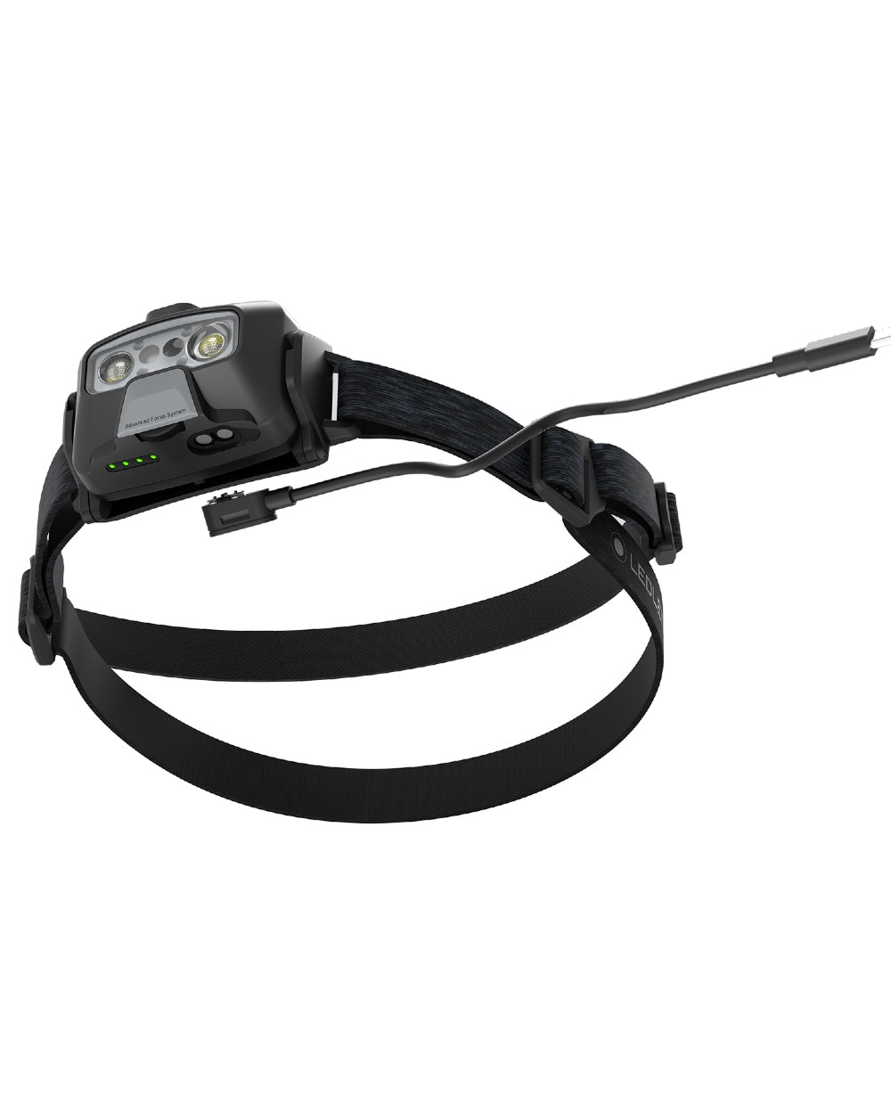 Black coloured Led Lenser HF6R Core Rechargeable Head Torch on white background 