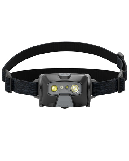 Black coloured Led Lenser HF6R Core Rechargeable Head Torch on white background