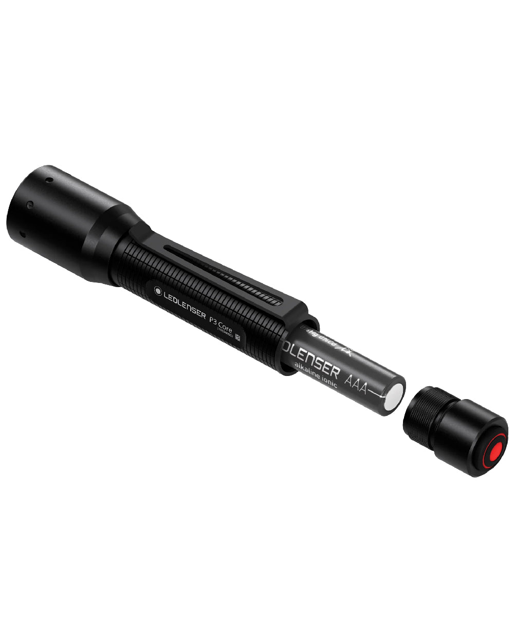 Black Coloured Led Lenser P3 Core Torch on white background 