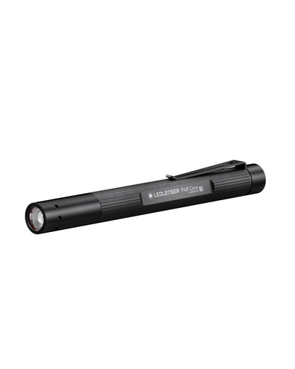 Black coloured Led Lenser P4R Core Rechargeable Torch on white background