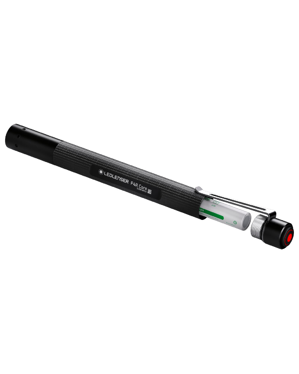 Black coloured Led Lenser P4R Core Rechargeable Torch on white background