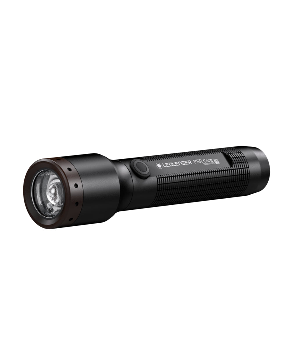 Black coloured Led Lenser P5R Core Rechargeable Torch on white background 